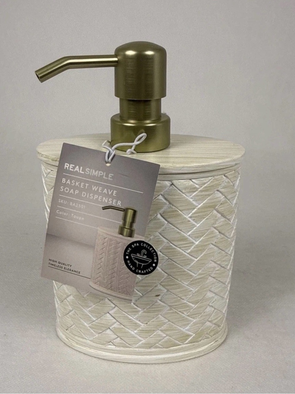 Real Simple Basket Weave Soap Dispenser White Resin Gold Pump Bathroom Kitchen